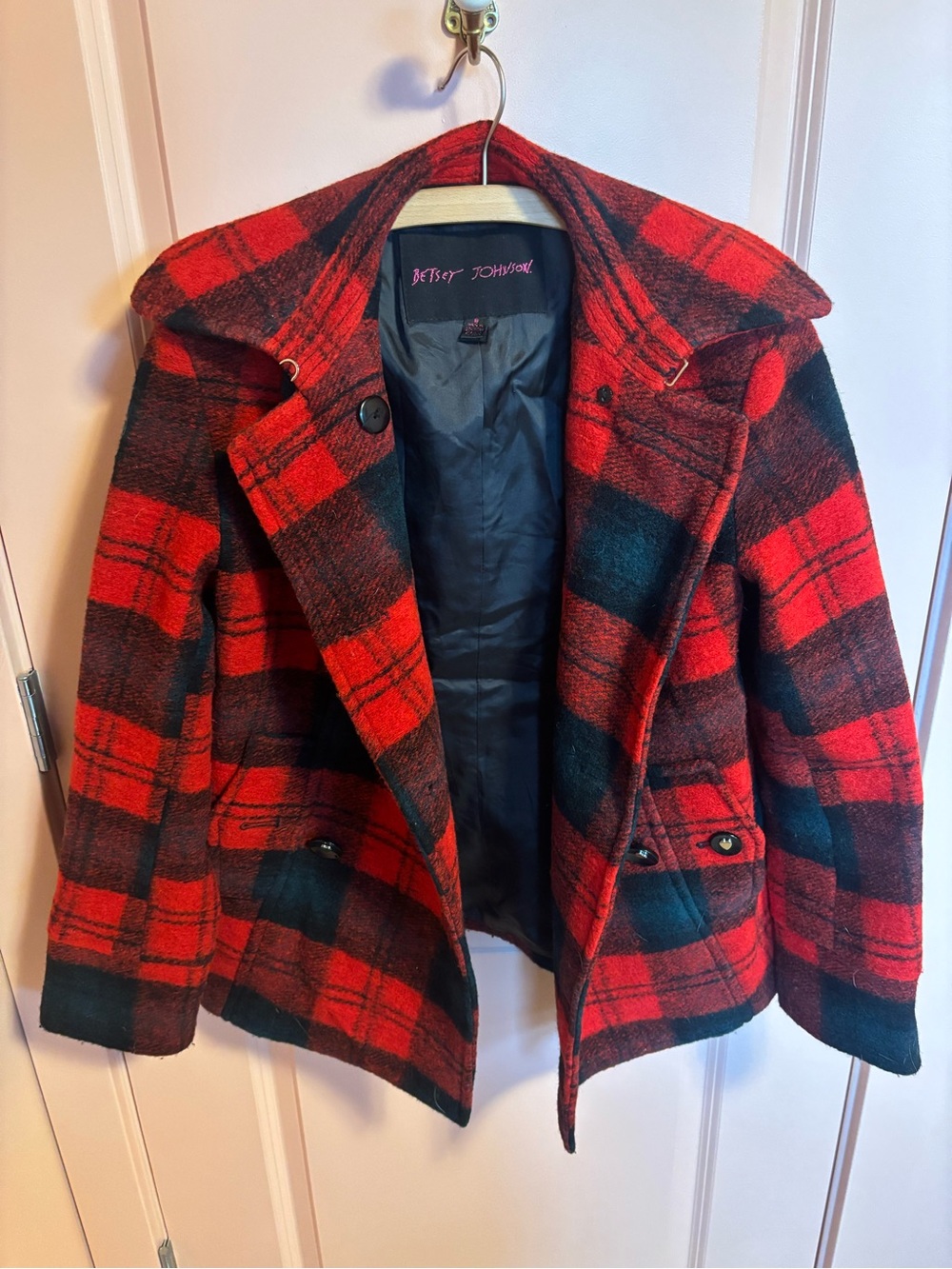Betsey Johnson Red & Black Plaid Peacoat Jacket